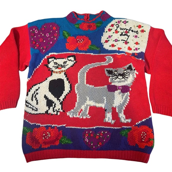 Vtg 90s 00s Studio Collection Cat Purrfect Day Knit Sweater Sz M Grandmacore - Picture 1 of 12